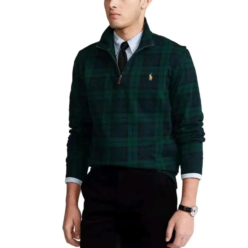 Polo Ralph Lauren Blackwatch Plaid Estate Rib Quarter Zip Sweater Mens L